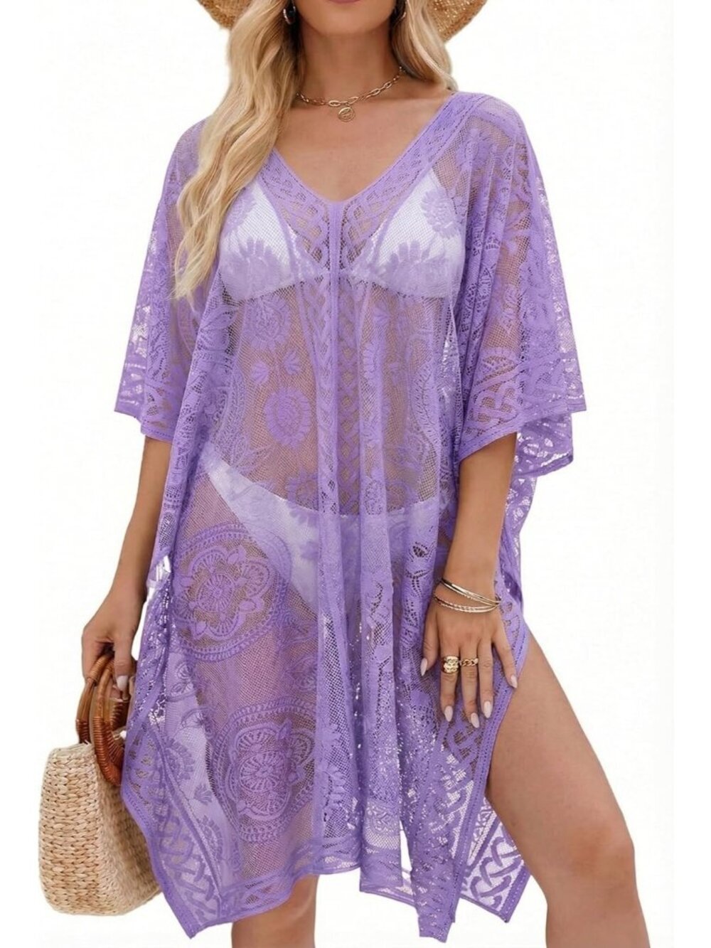 Women Light Purple Boho Crochet Swimsuit Cover Up V Neck Loose Fit Kaftan Dress